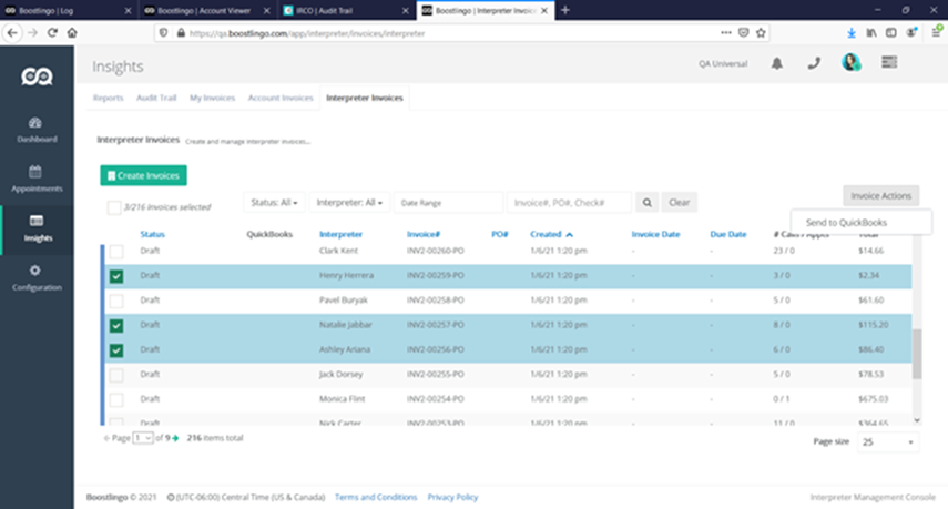 Bulk Invoice Actions – Send to Quickbooks – Boostlingo